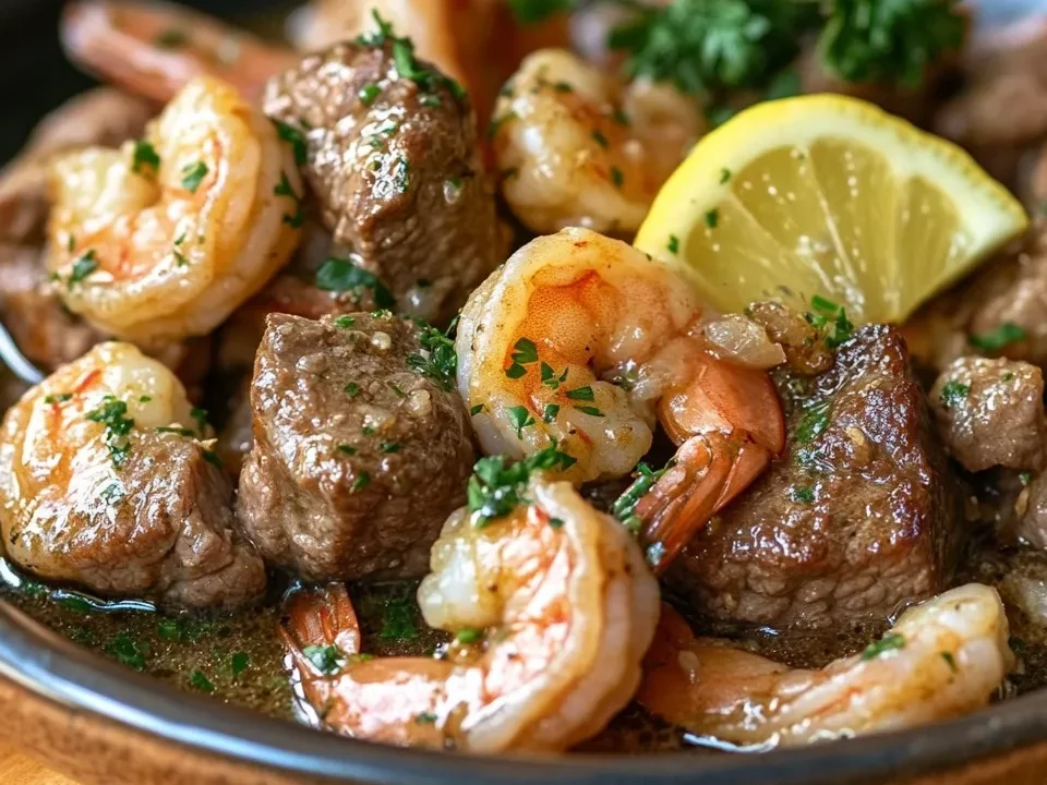 Bocados de Carne con Mantequilla de Ajo y Festín de Camarones