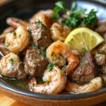 Bocados de Carne con Mantequilla de Ajo y Festín de Camarones