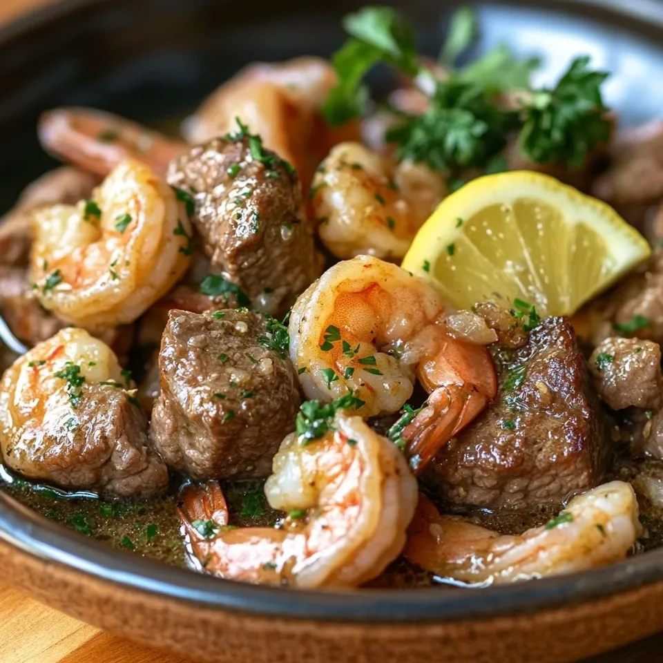 Bocados de Carne con Mantequilla de Ajo y Festín de Camarones
