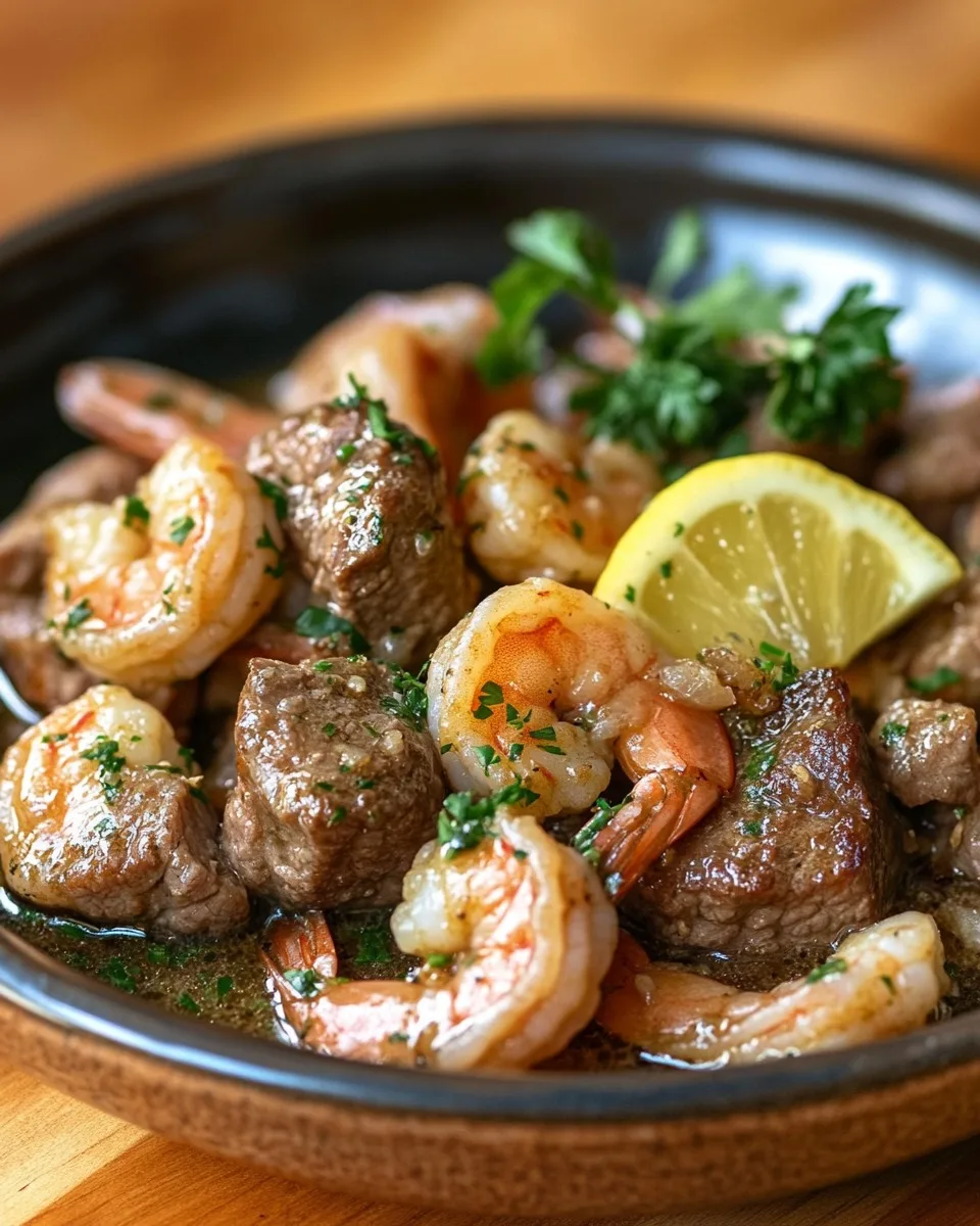 Bocados de Carne con Mantequilla de Ajo y Festín de Camarones