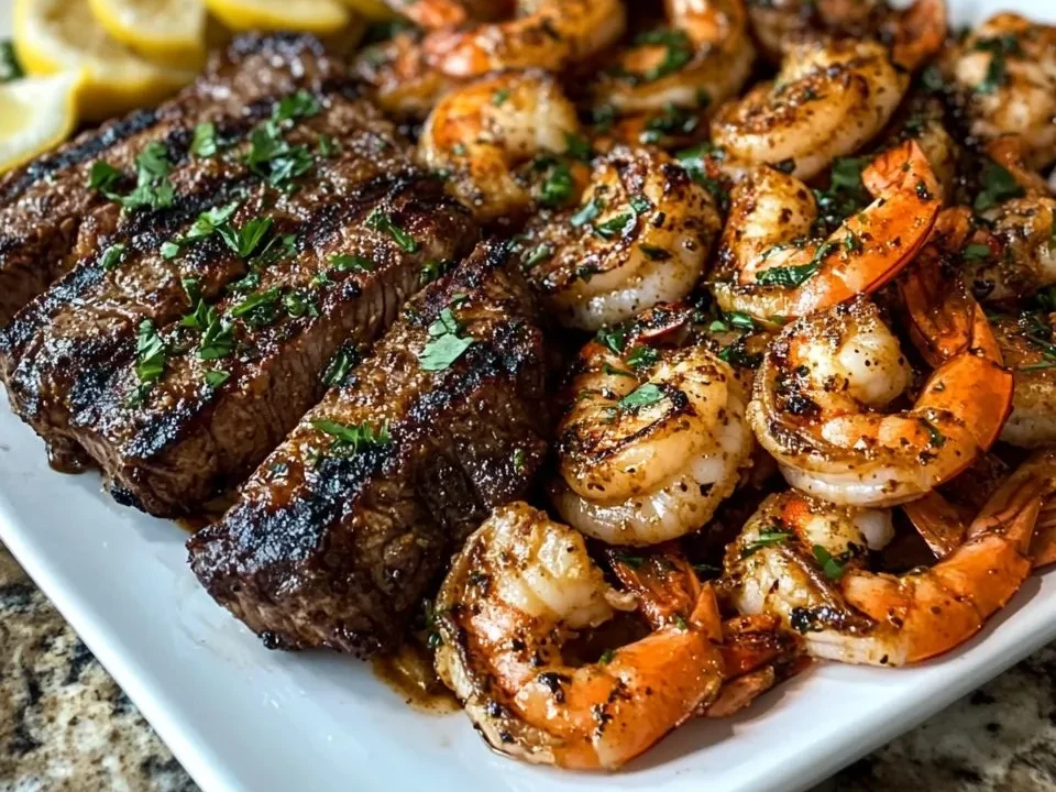 Camarones Cajún Picantes y Cena de Bistec a la Parrilla