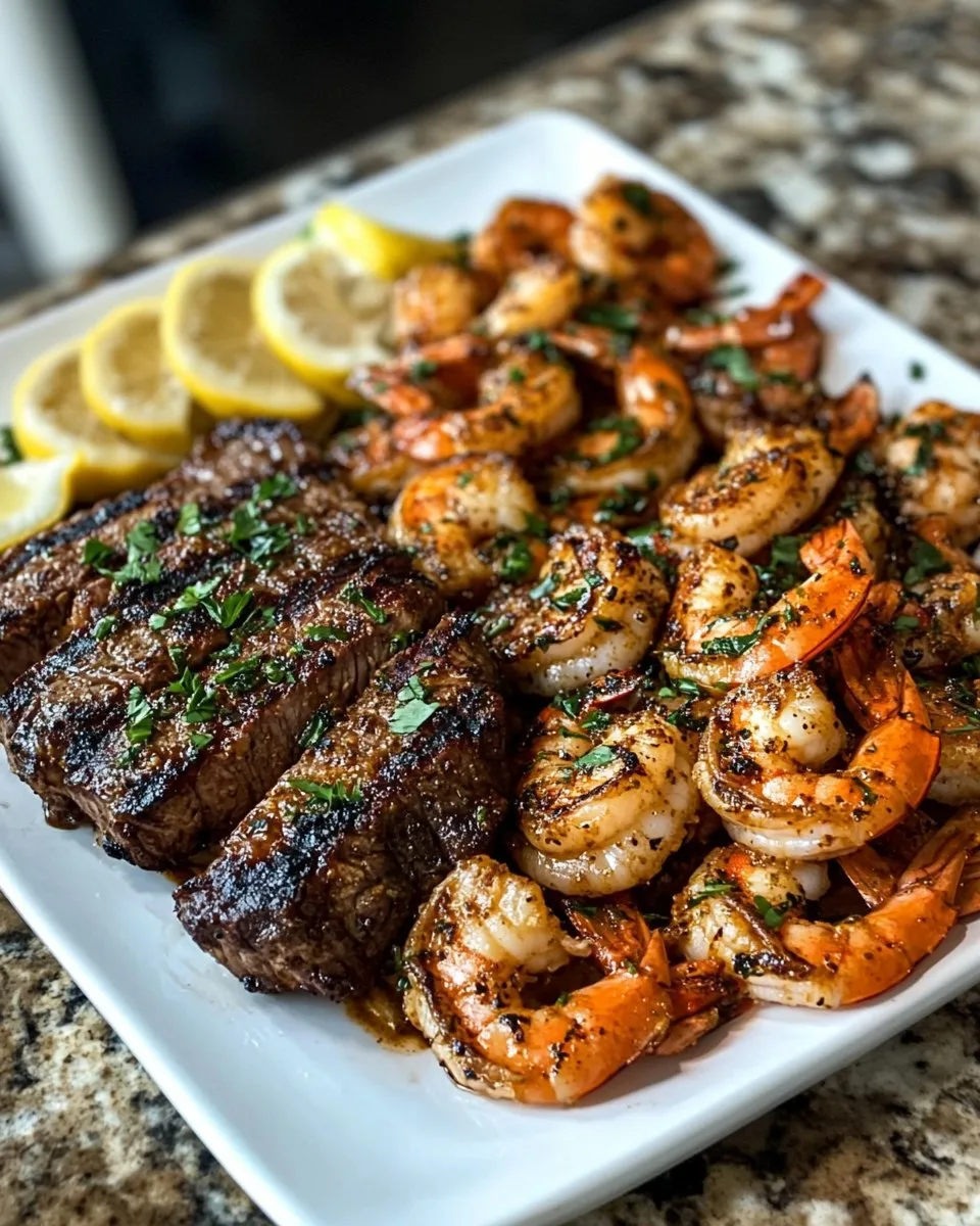 Camarones Cajún Picantes y Cena de Bistec a la Parrilla