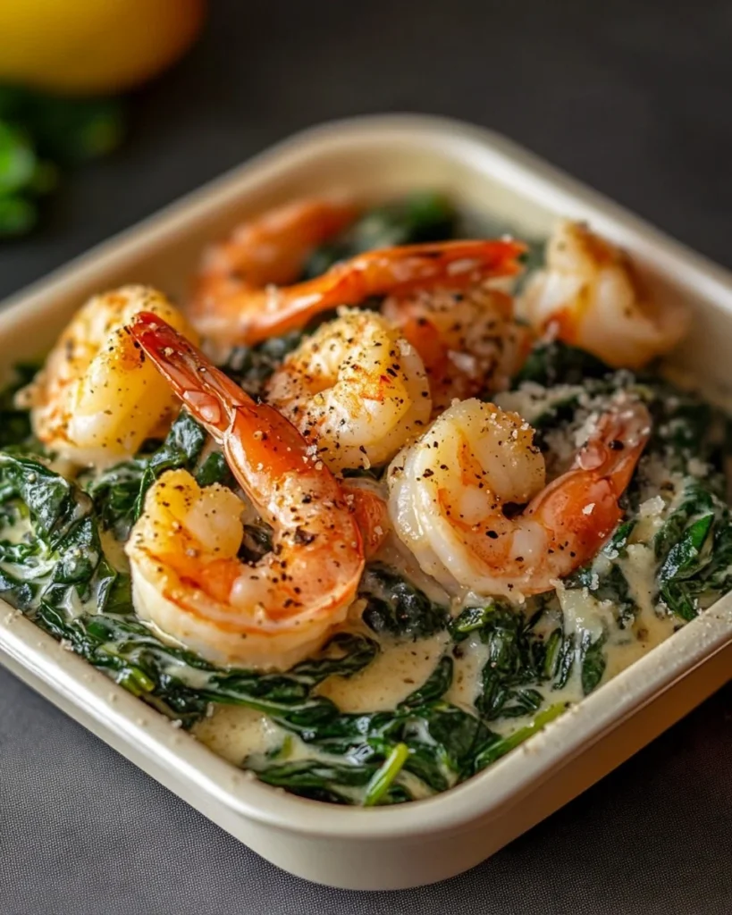 Camarones y Cangrejo en Crema con Espinacas