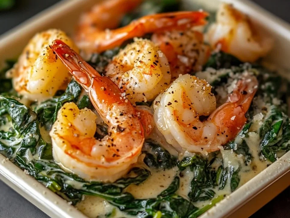 Camarones y Cangrejo en Crema con Espinacas