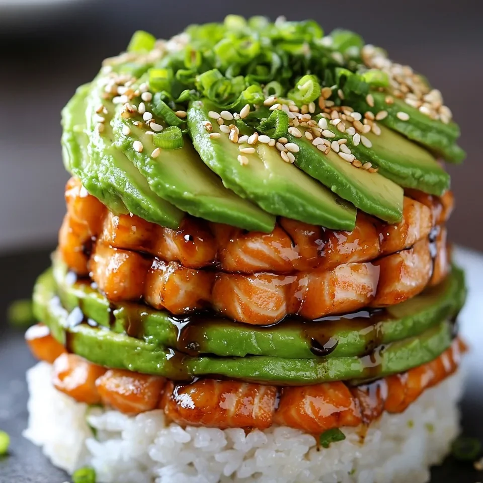 Torre de arroz con salmón teriyaki y aguacate