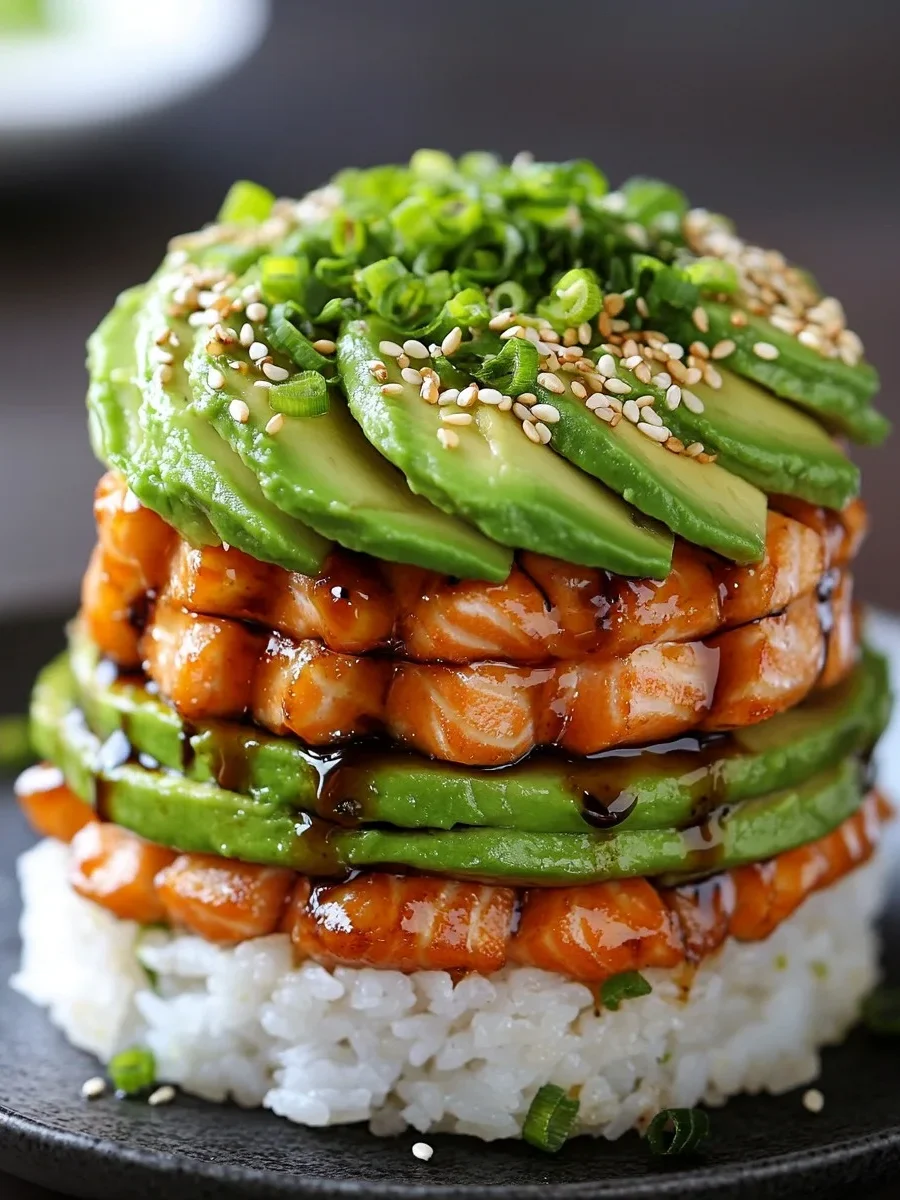 Torre de arroz con salmón teriyaki y aguacate