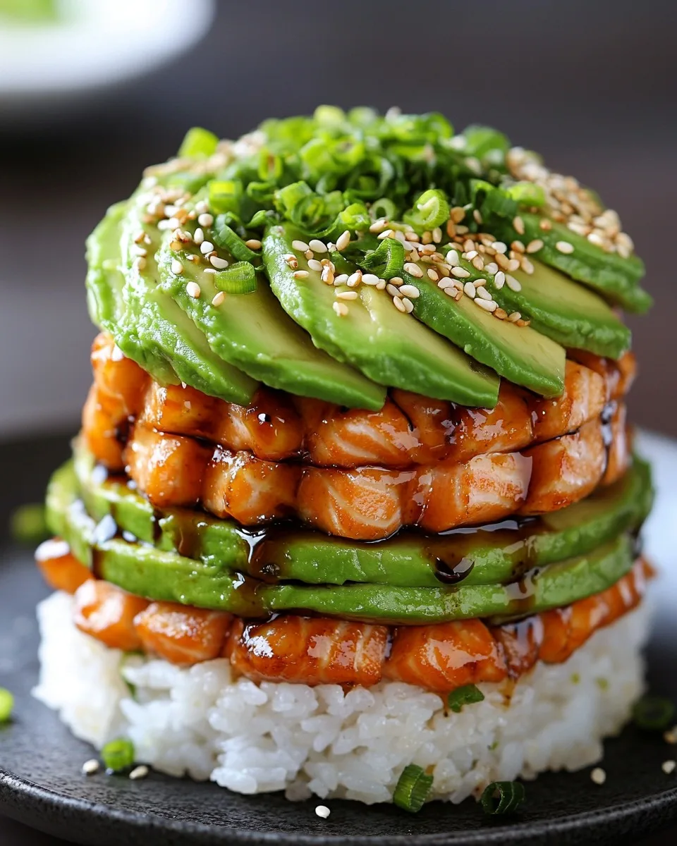 Torre de arroz con salmón teriyaki y aguacate