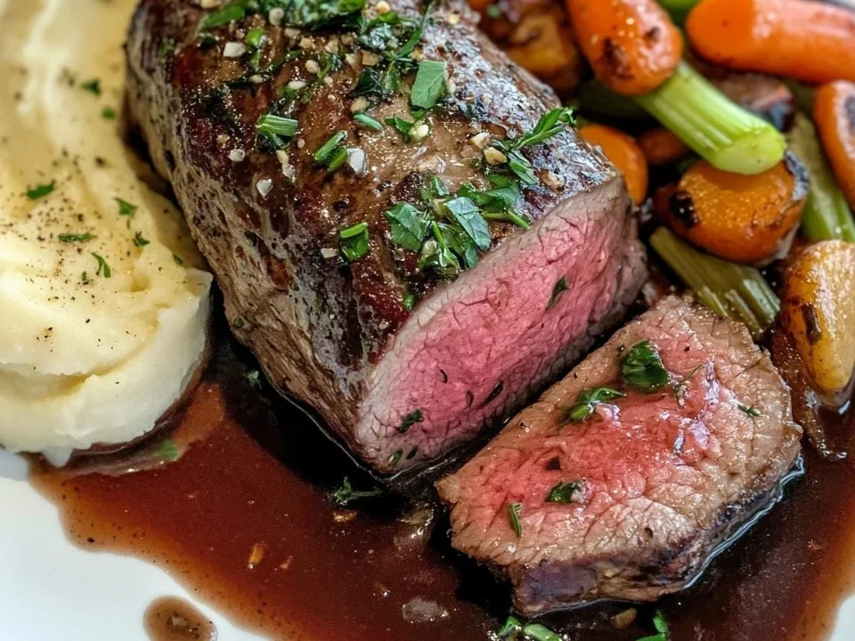 Solomillo de Res con Costra de Hierbas y Salsa de Vino Tinto