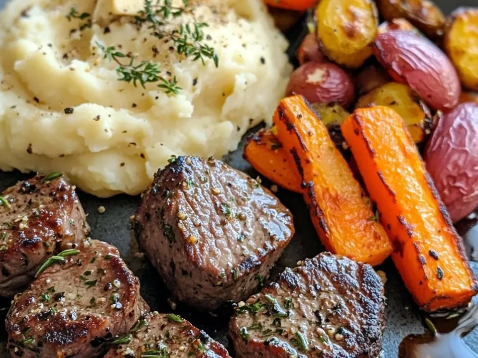 Bocados de Res con Mantequilla de Ajo, Puré de Papas con Hierbas y Verduras Asadas