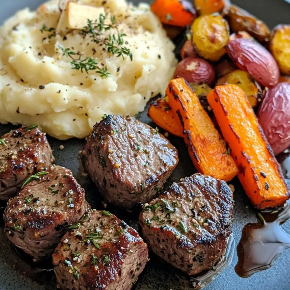 Bocados de Res con Mantequilla de Ajo, Puré de Papas con Hierbas y Verduras Asadas
