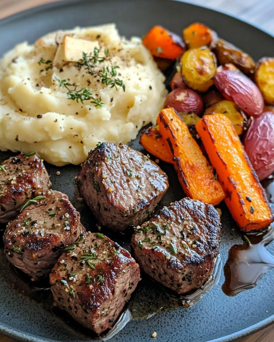 Bocados de Res con Mantequilla de Ajo, Puré de Papas con Hierbas y Verduras Asadas