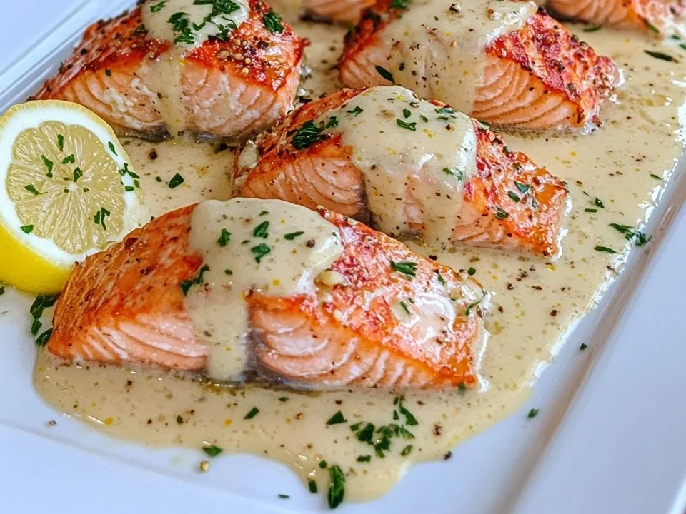 Salmón en Crema de Limón con Langosta al Mantequilla de Ajo