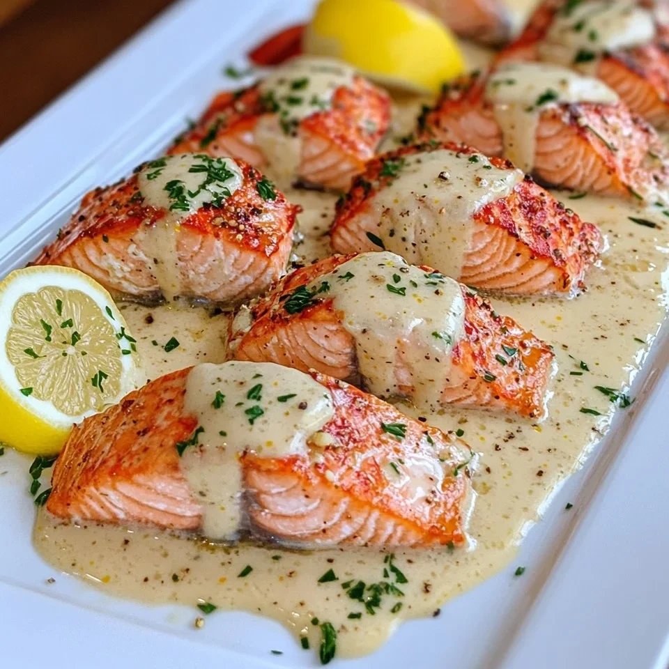 Salmón en Crema de Limón con Langosta al Mantequilla de Ajo