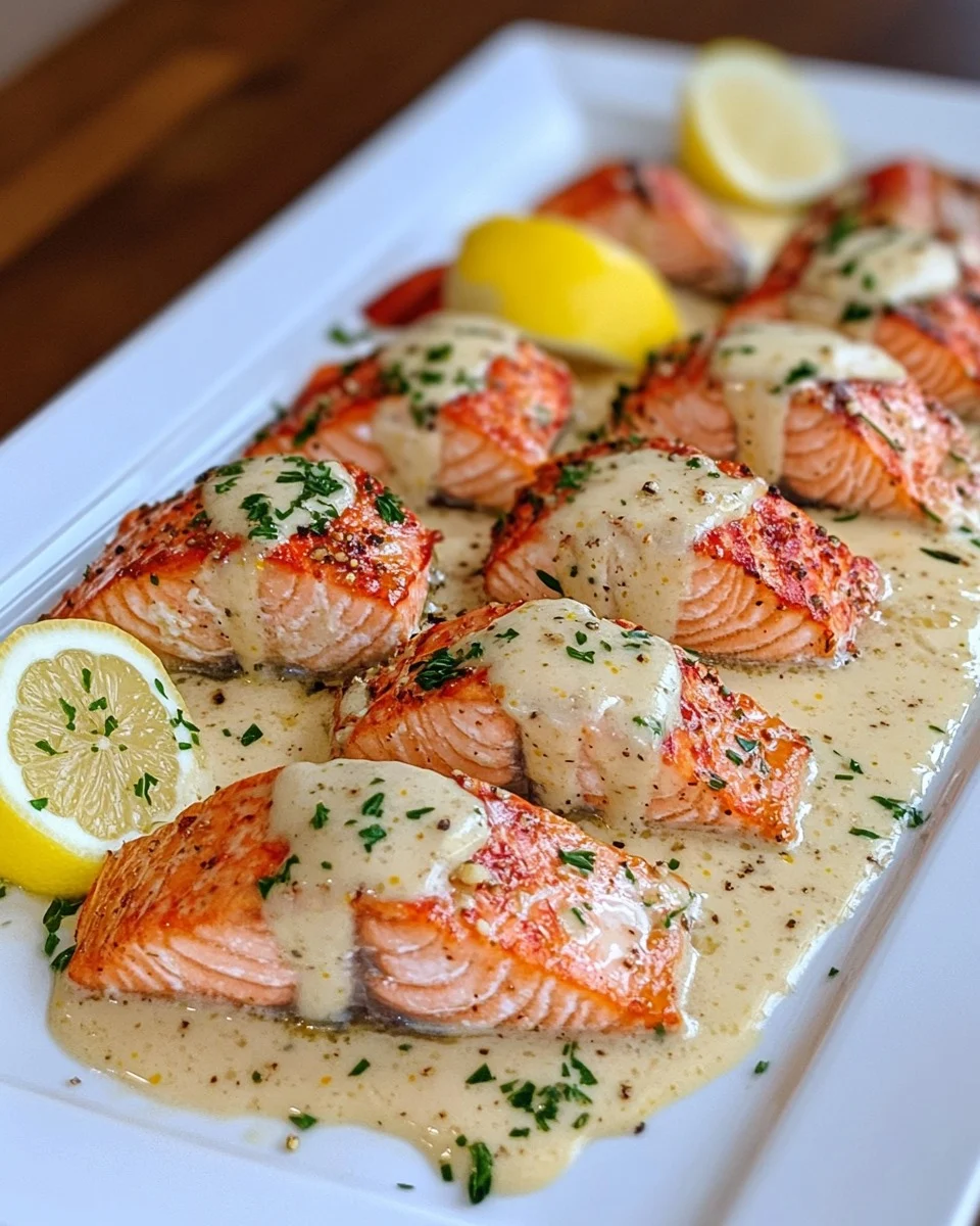 Salmón en Crema de Limón con Langosta al Mantequilla de Ajo