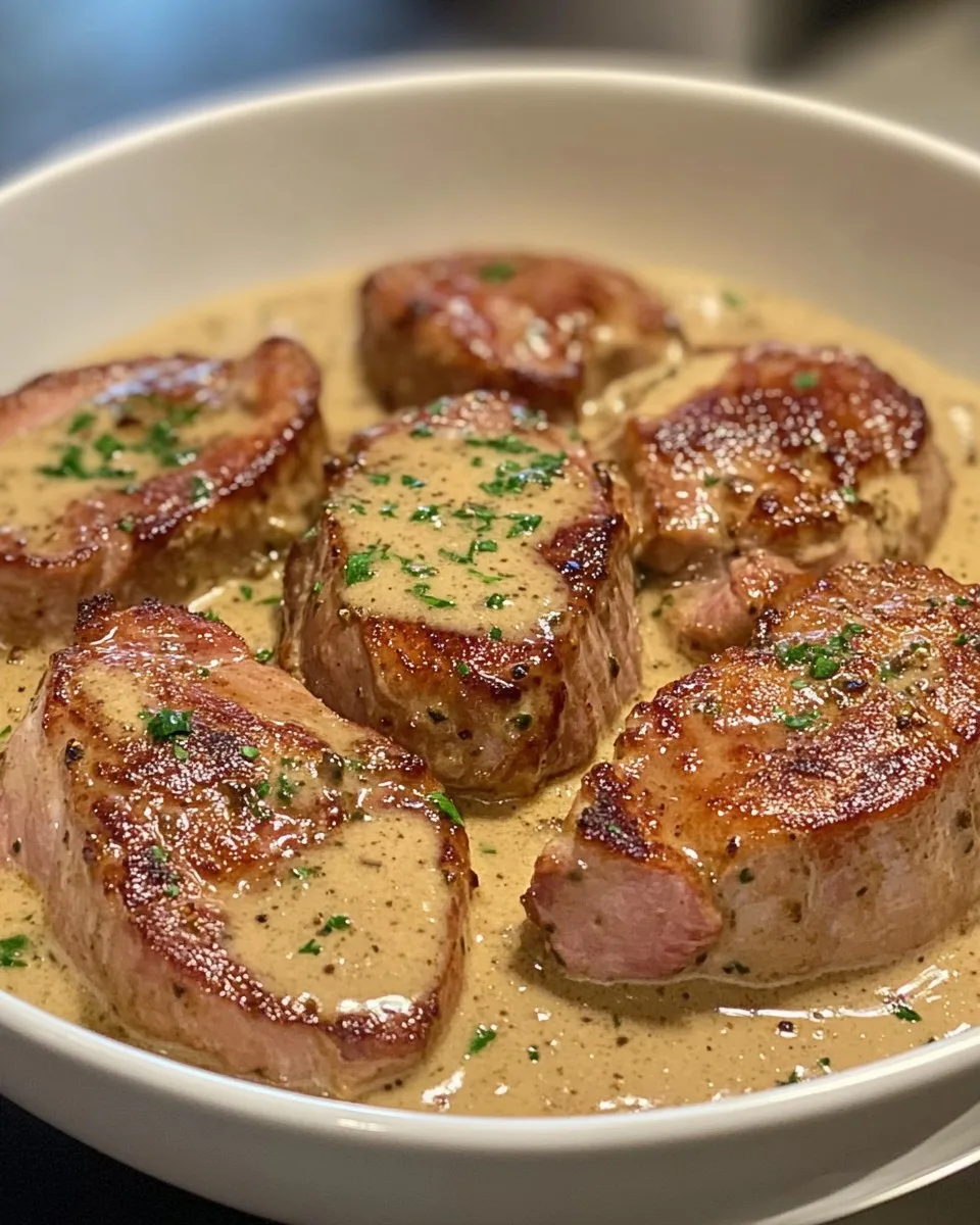 Medallones de cerdo tiernos en salsa de crema de mostaza