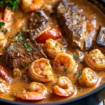 Bistec y Camarones Cajún en Salsa Cremosa de Tomate