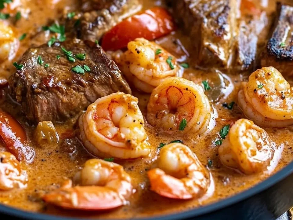Bistec y Camarones Cajún en Salsa Cremosa de Tomate