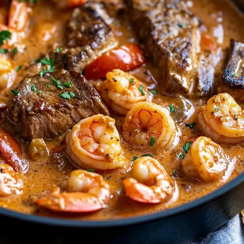 Bistec y Camarones Cajún en Salsa Cremosa de Tomate