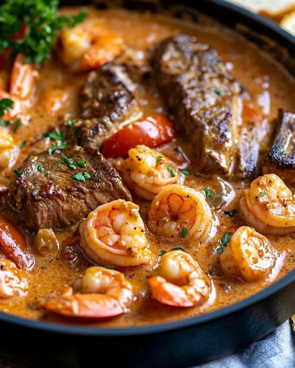 Bistec y Camarones Cajún en Salsa Cremosa de Tomate