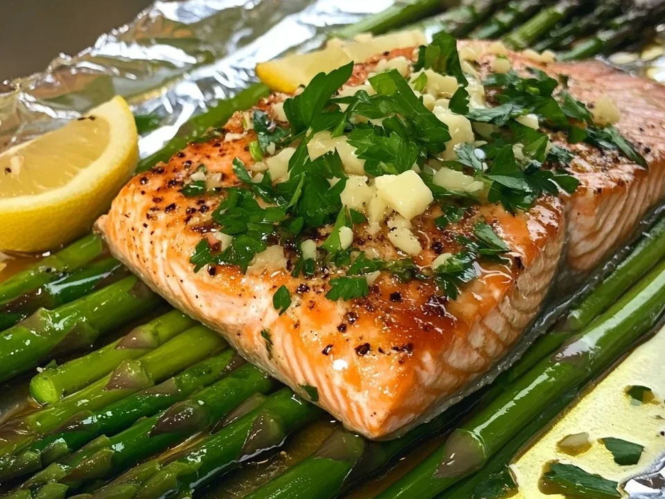 Salmón al horno en papel de aluminio con espárragos y salsa de mantequilla de ajo y limón