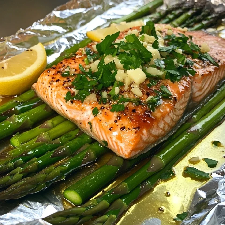 Salmón al horno en papel de aluminio con espárragos y salsa de mantequilla de ajo y limón
