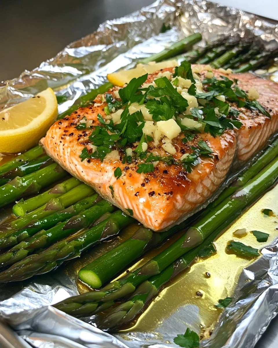 Salmón al horno en papel de aluminio con espárragos y salsa de mantequilla de ajo y limón