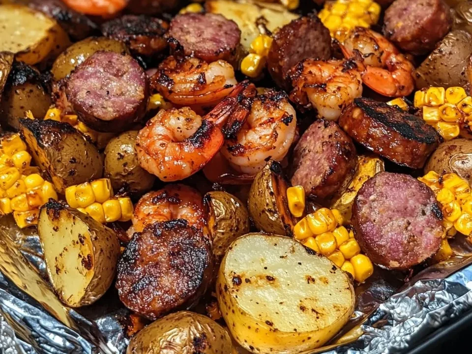 Paquete de Papel Aluminio con Camarones, Maíz, Papas y Salchicha Ahumada