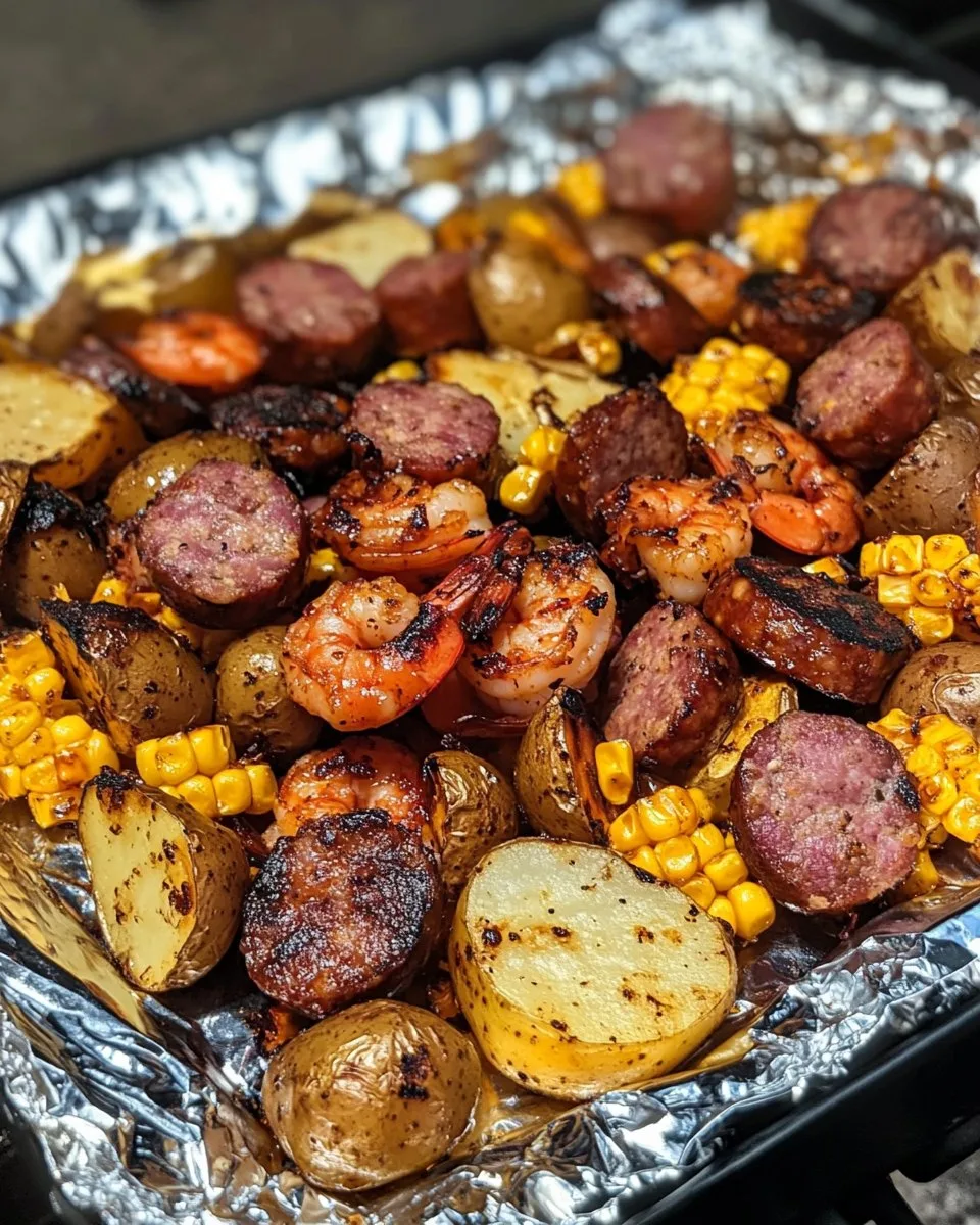 Paquete de Papel Aluminio con Camarones, Maíz, Papas y Salchicha Ahumada