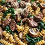 Pasta con Carne de Res al Ajo y Parmesano con Espinacas y Champiñones
