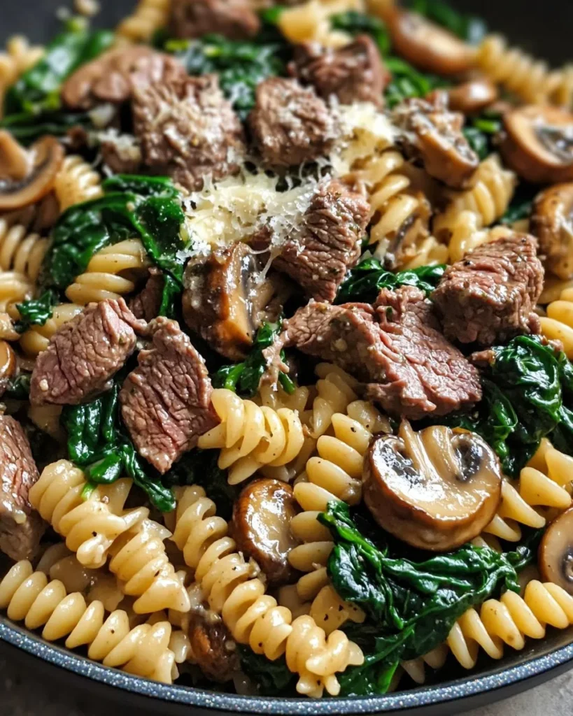 Pasta con Carne de Res al Ajo y Parmesano con Espinacas y Champiñones