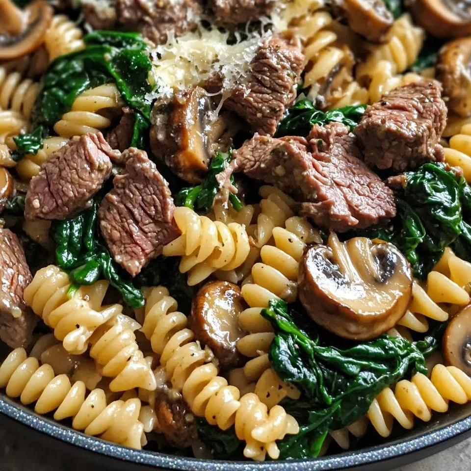 Pasta con Carne de Res al Ajo y Parmesano con Espinacas y Champiñones