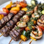Brochetas de Carne y Camarones a la Parrilla con Salsa Chimichurri y Verduras Asadas