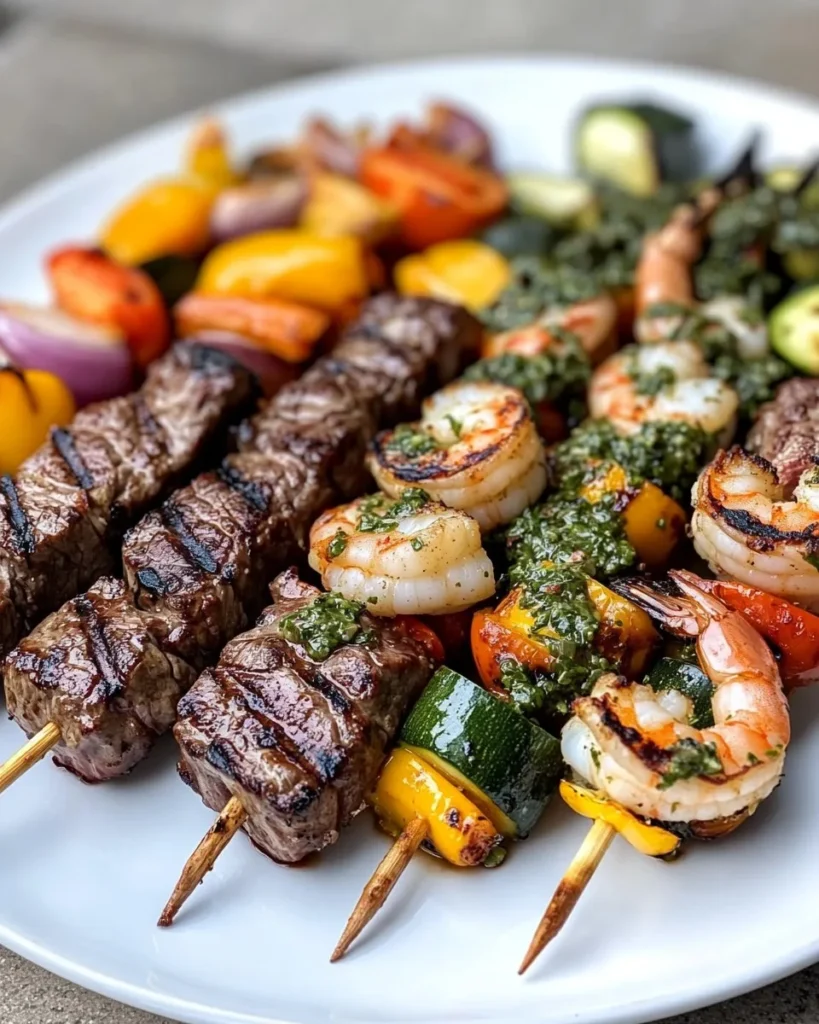 Brochetas de Carne y Camarones a la Parrilla con Salsa Chimichurri y Verduras Asadas