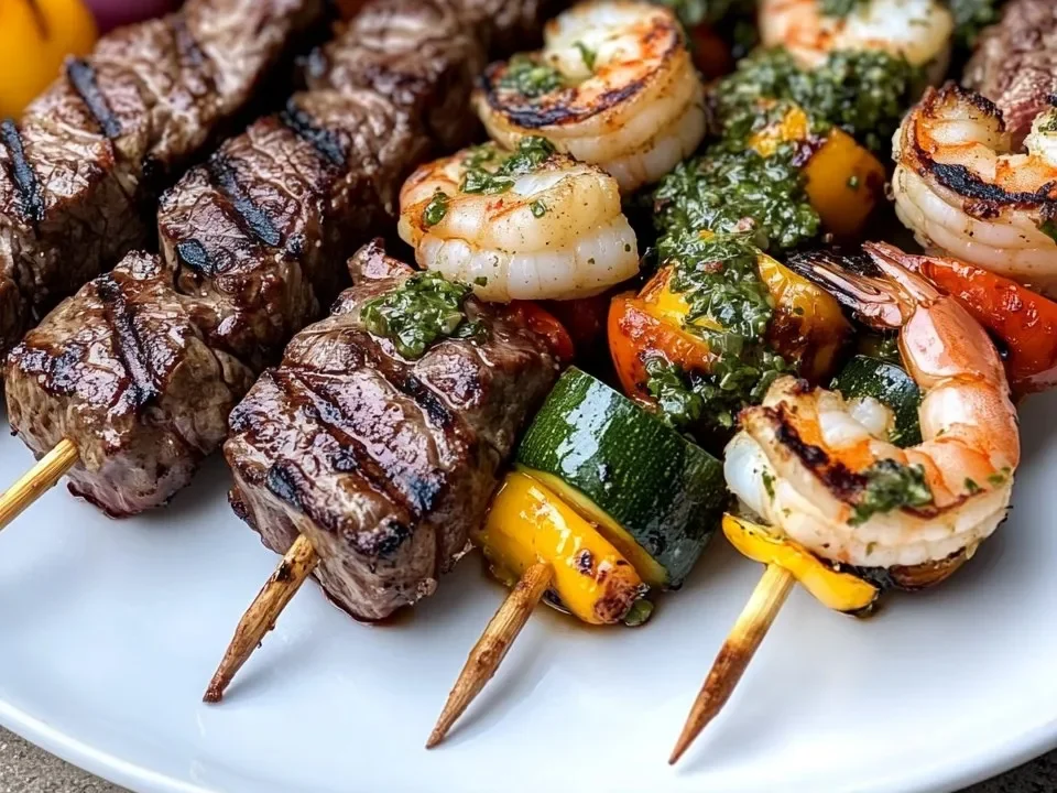 Brochetas de Carne y Camarones a la Parrilla con Salsa Chimichurri y Verduras Asadas