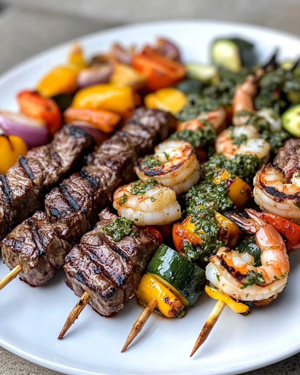 Brochetas de Carne y Camarones a la Parrilla con Salsa Chimichurri y Verduras Asadas