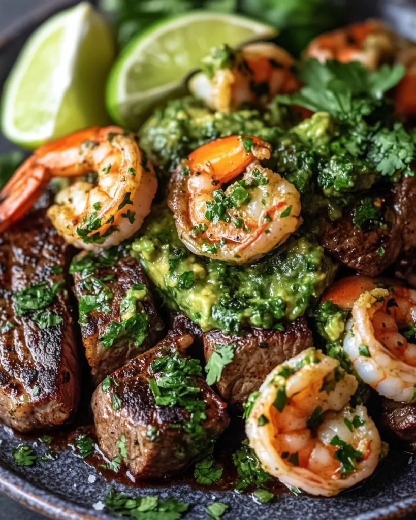 Camarones y Ribeye con Salsa Chimichurri de Aguacate