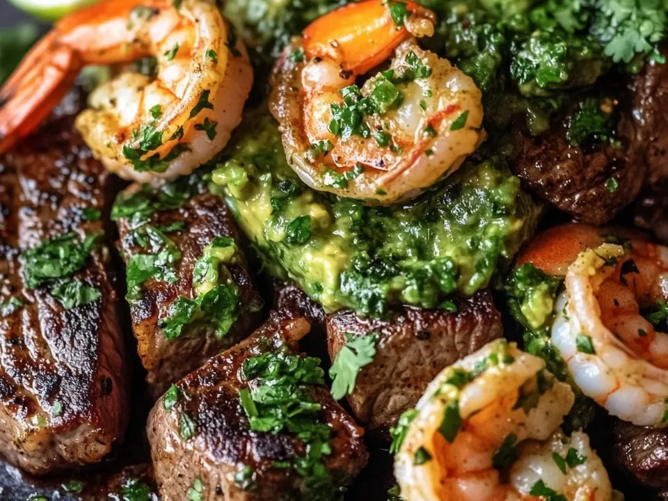 Camarones y Ribeye con Salsa Chimichurri de Aguacate