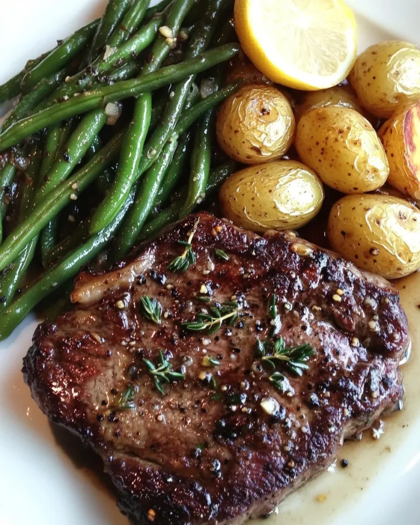 Bistec con Mantequilla de Ajo, Papas a la Sartén y Ejotes