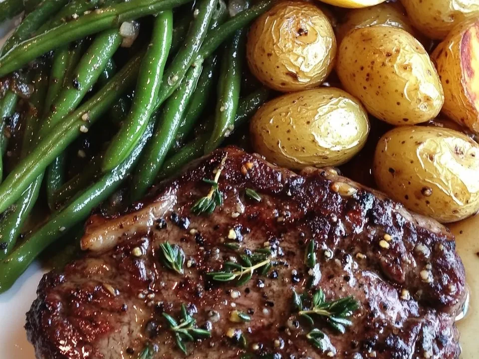 Bistec con Mantequilla de Ajo, Papas a la Sartén y Ejotes