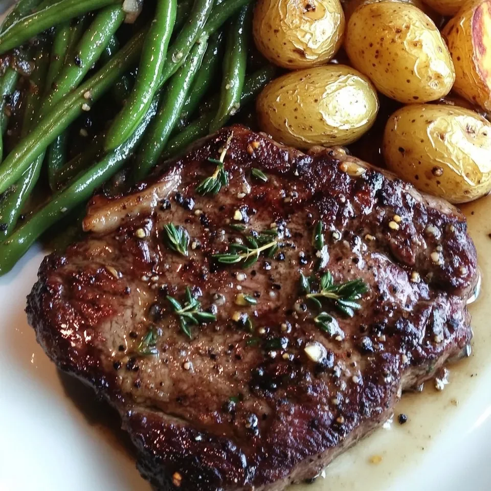 Bistec con Mantequilla de Ajo, Papas a la Sartén y Ejotes