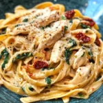 Fettuccine cremoso con pollo y tomates secos al sol