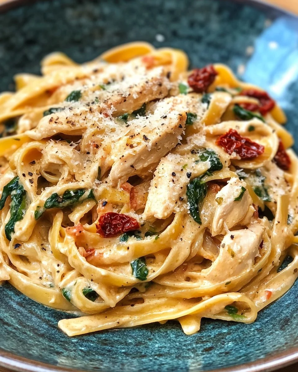 Fettuccine cremoso con pollo y tomates secos al sol
