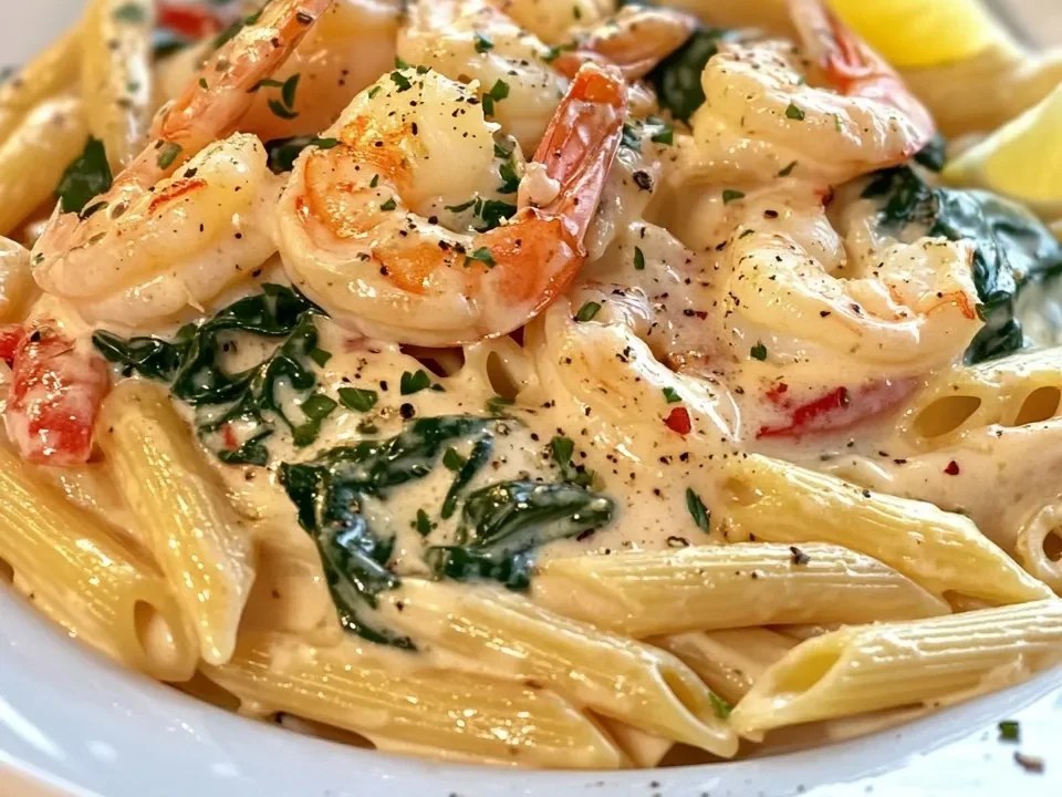 Pasta Cremosa con Camarones y Espinacas