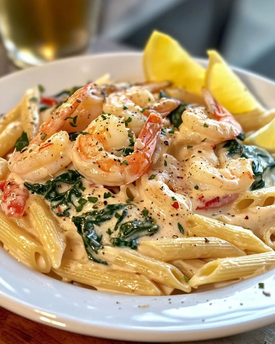 Pasta Cremosa con Camarones y Espinacas