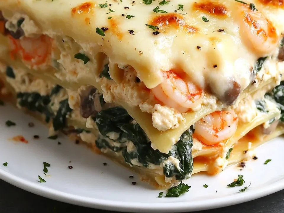 Lasagna de Camarones al Ajo con Espinacas y Champiñones