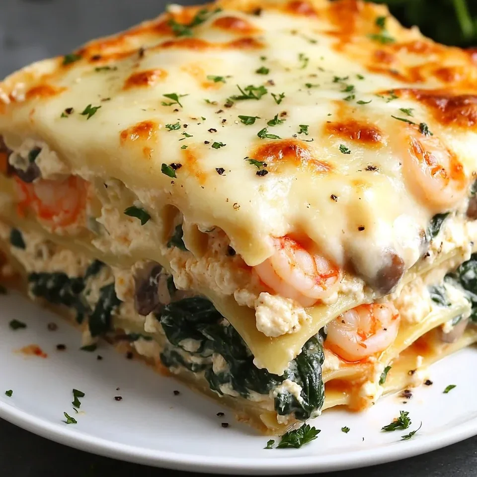 Lasagna de Camarones al Ajo con Espinacas y Champiñones