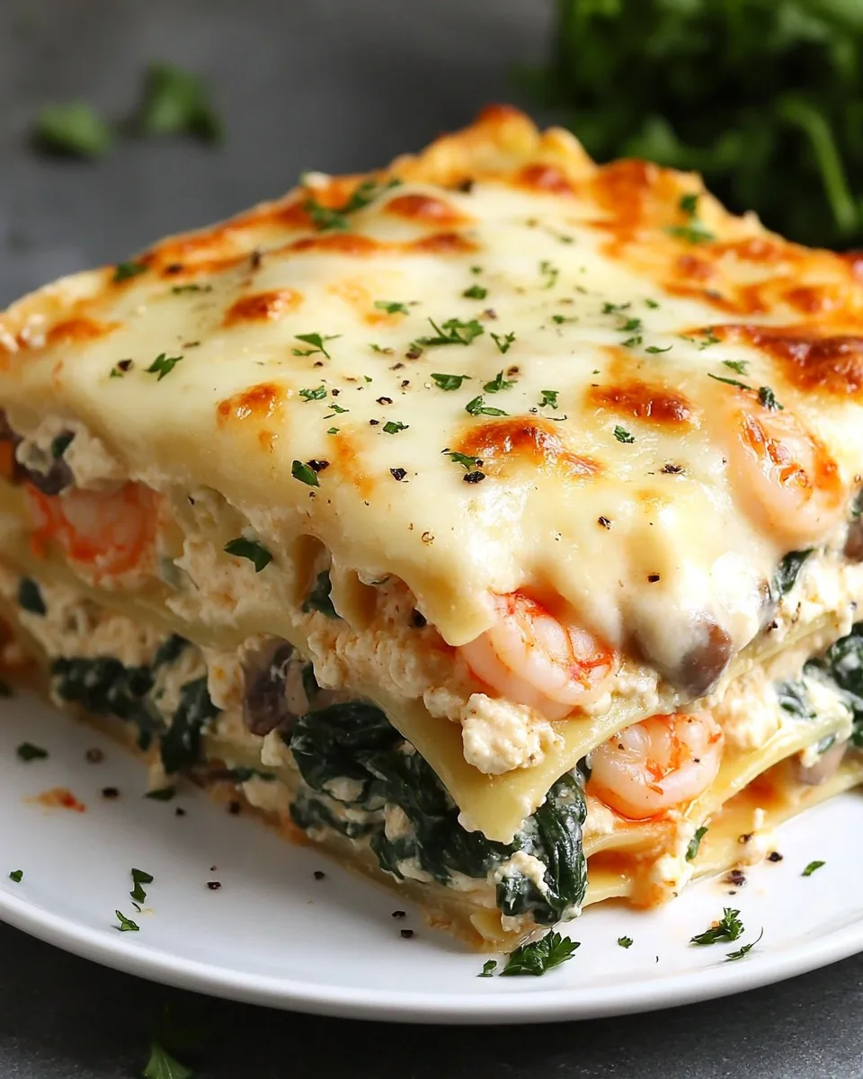Lasagna de Camarones al Ajo con Espinacas y Champiñones