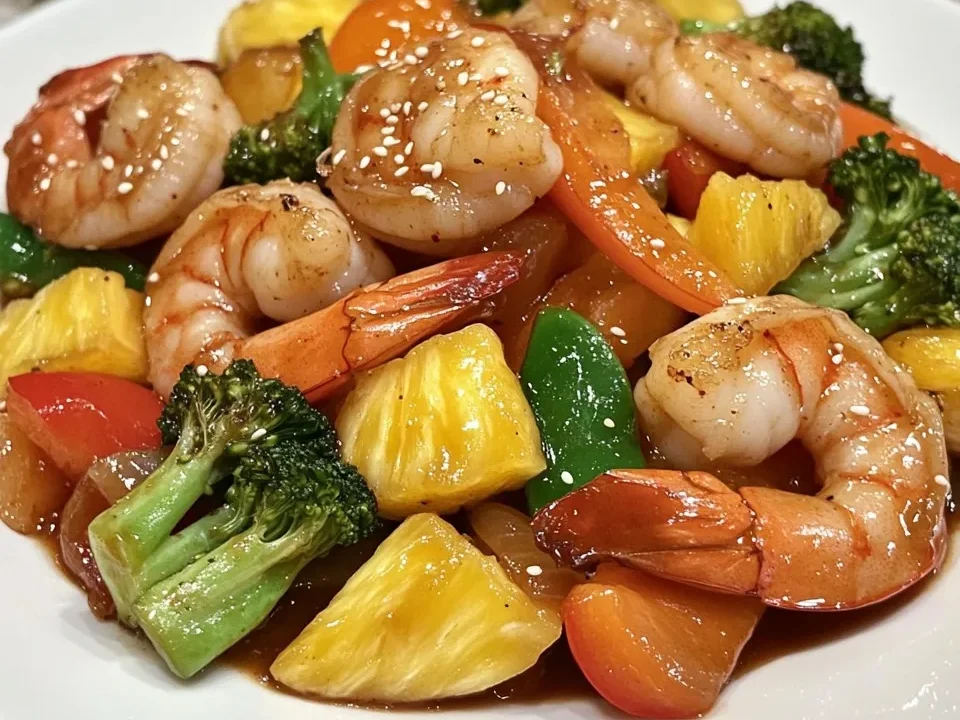 Salteado Picante de Camarones con Verduras Mixtas y Piña