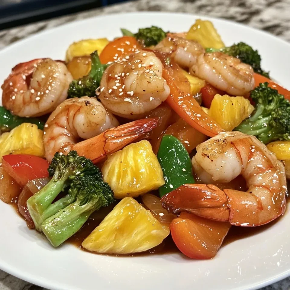 Salteado Picante de Camarones con Verduras Mixtas y Piña