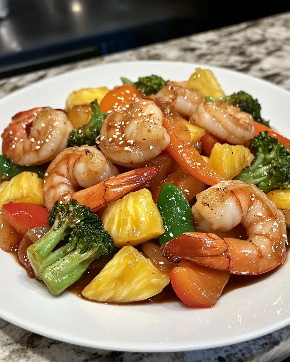 Salteado Picante de Camarones con Verduras Mixtas y Piña